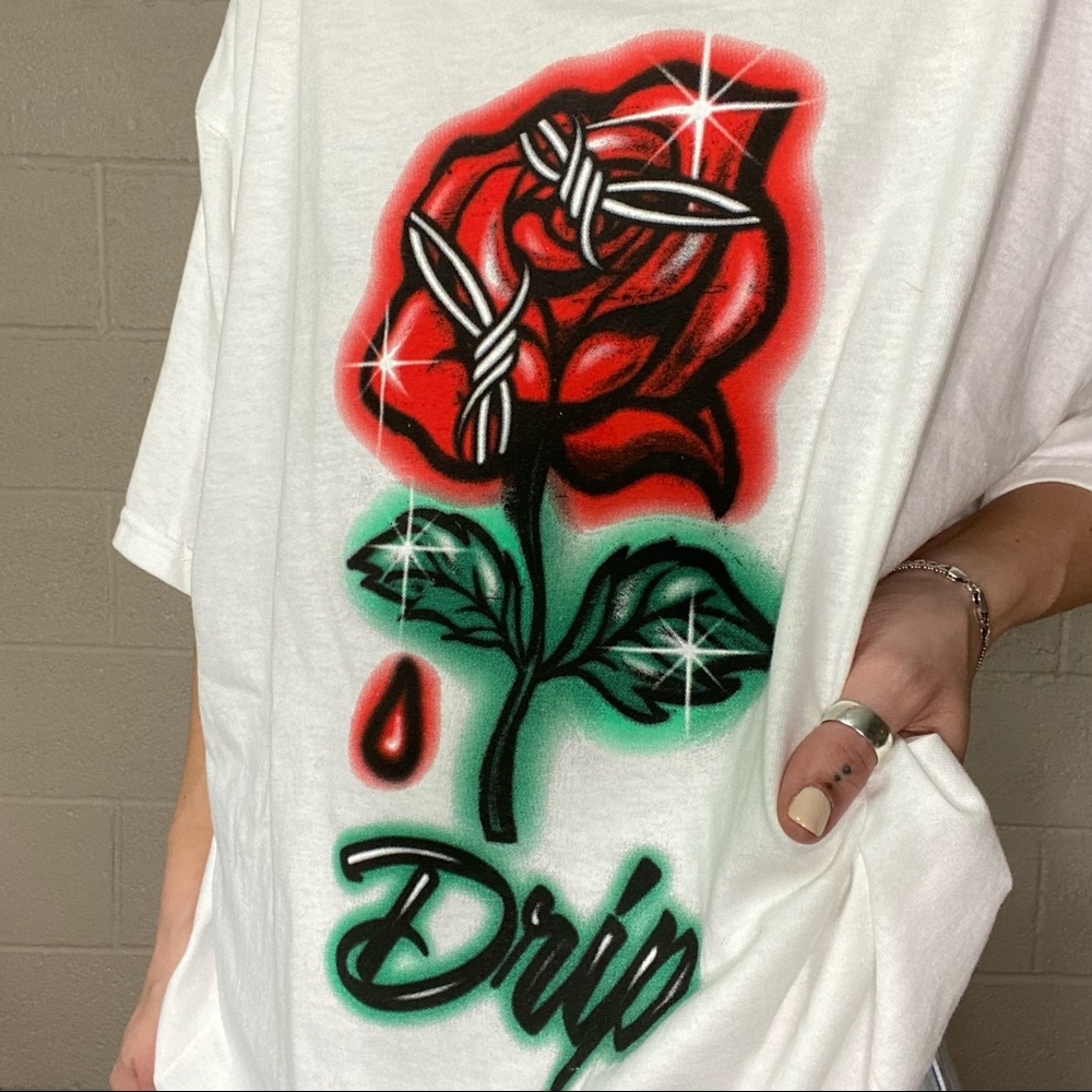 Vintage White Tee with Red Rose Graphic